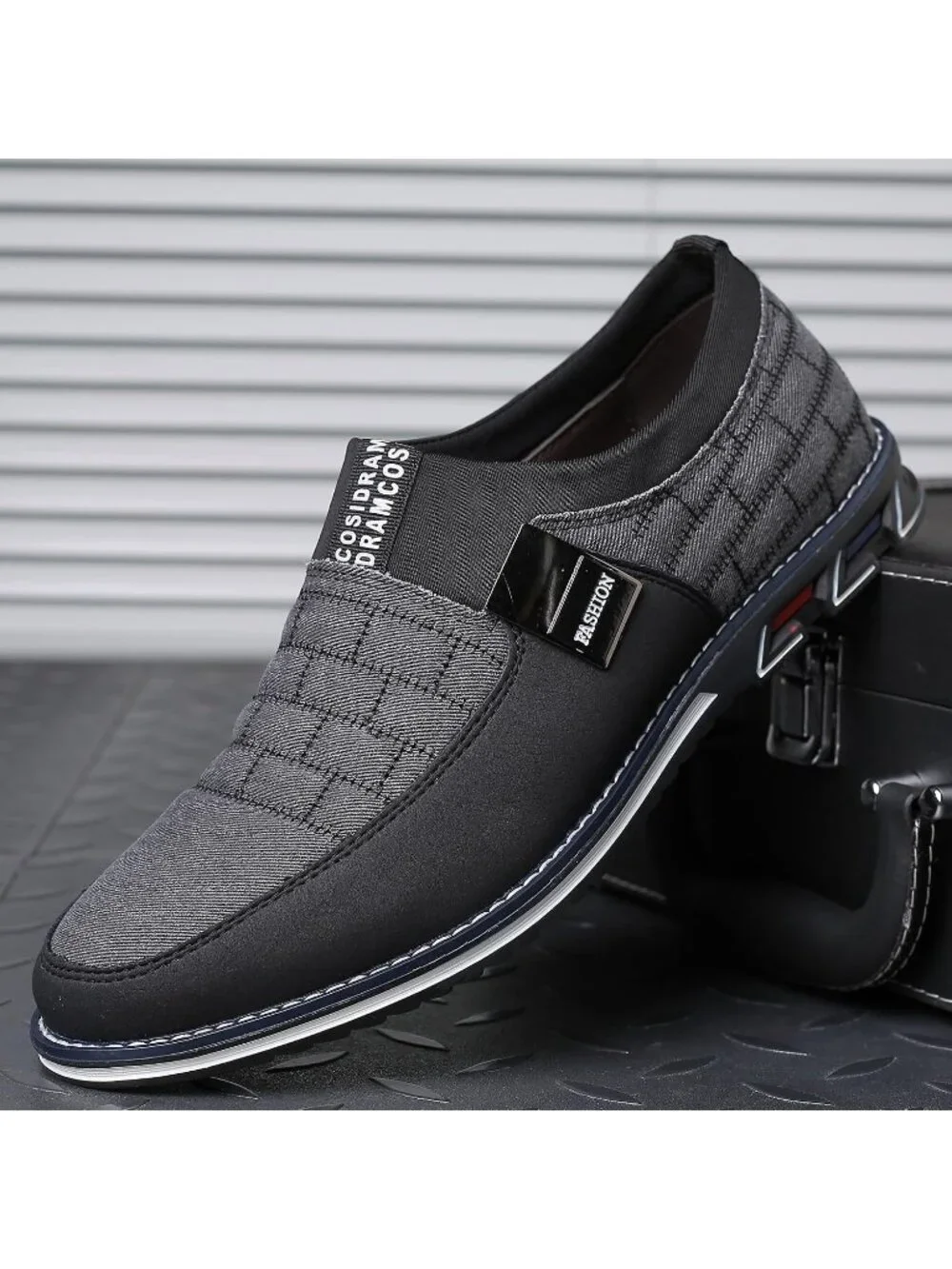 Men's Black & Grey Grid Textured Two-tone Flexible Derby Oxfords Dress Sneakers